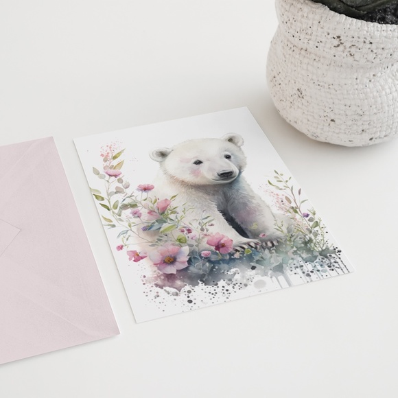 Floral Polar Bear Watercolor Wall Art Illustration Print Poster Unframed - Picture 6 of 8